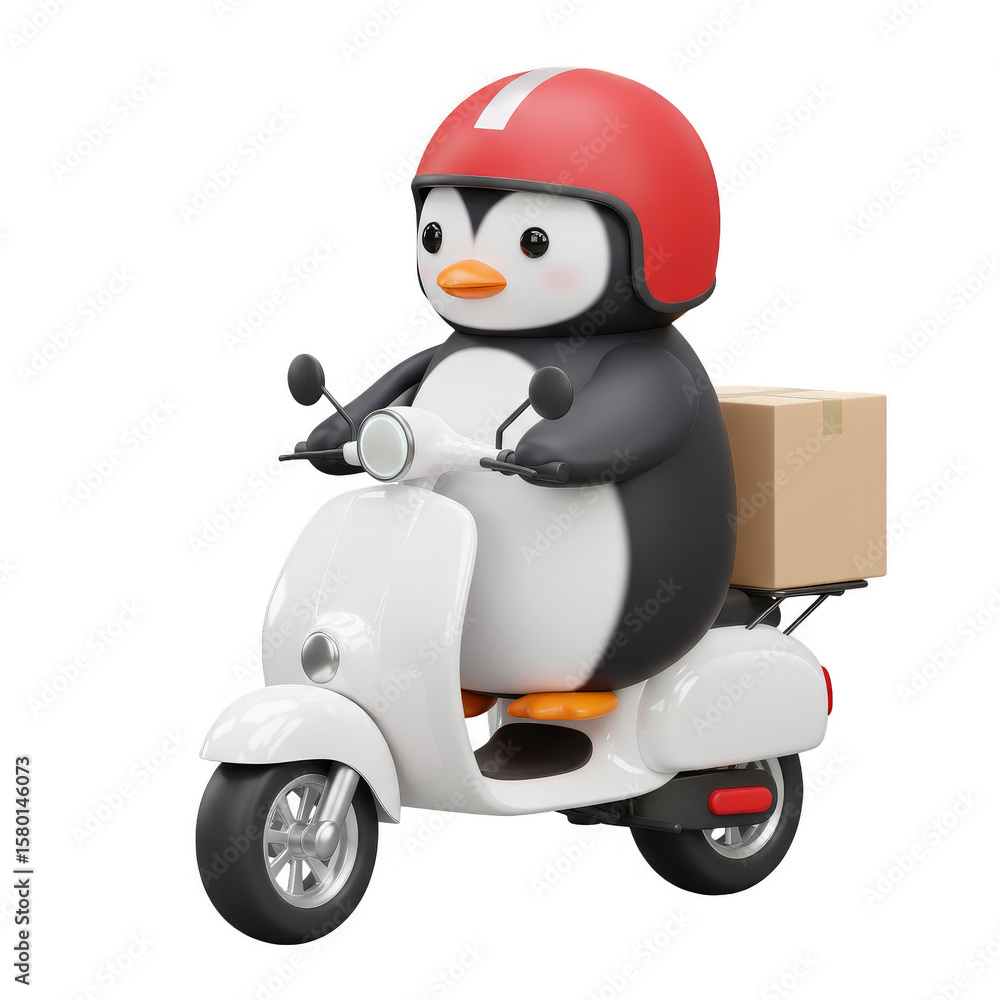 Poster 3d render cute penguin delivery on scooter with transparent background