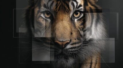 A striking tiger face with transparent geometric shapes creating a digital, modern aesthetic.