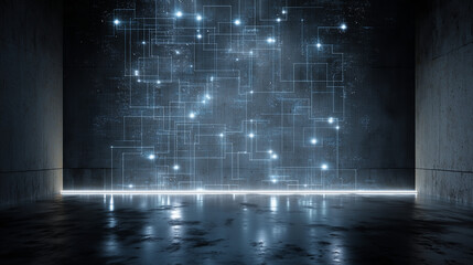 Futuristic Pink Neural Network Light Wall in Dark Room