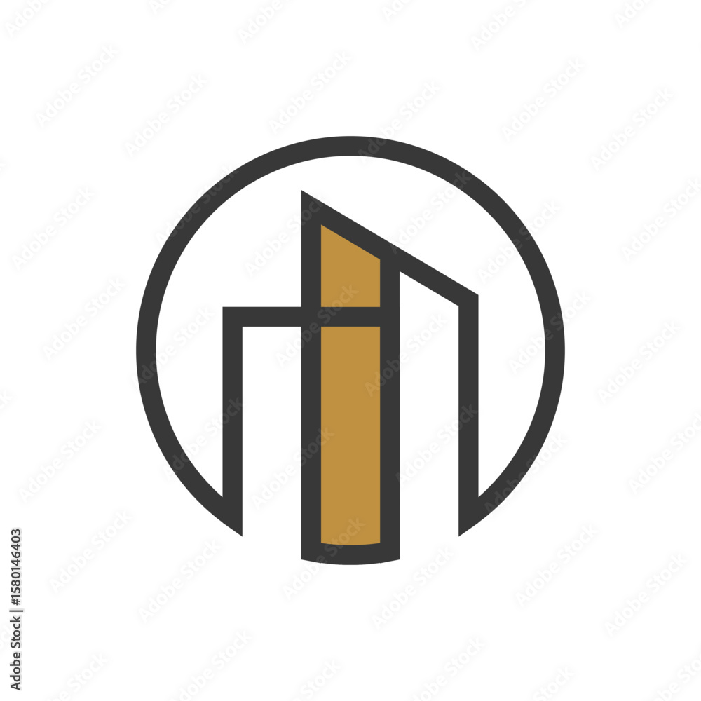 Poster a modern building or skyline logo enclosed within a circular outline, featuring black lines and a go