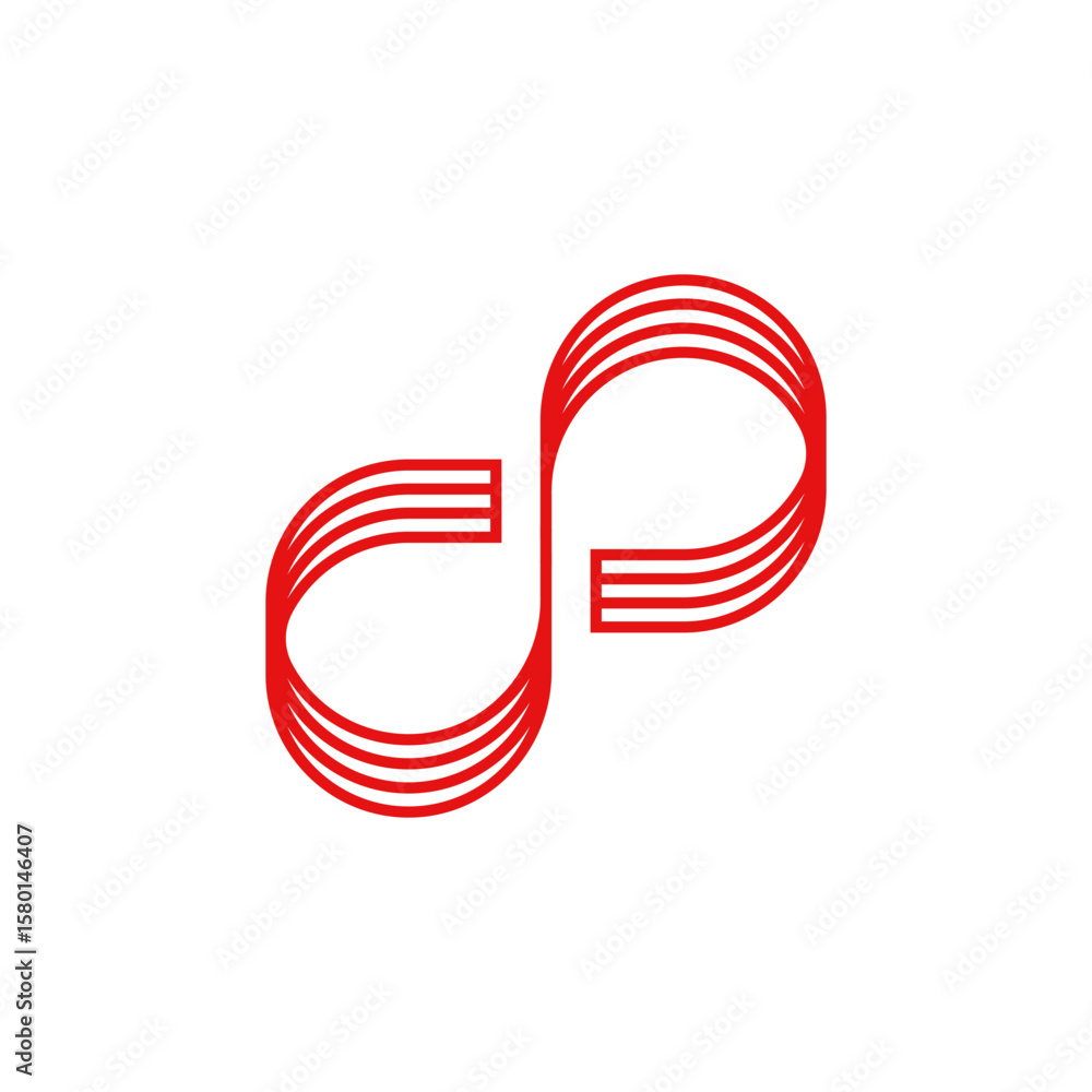 Poster an abstract red logo formed by multiple parallel lines creating an infinity symbol or a stylized 's'