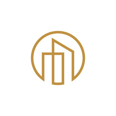  A refined outline logo of a modern building within a circular golden frame, emphasizing elegance, structure, and high-end property.