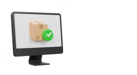 3D Rendering Computer Screen Shows Package Delivery Box and Tick Mark