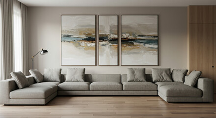 Minimalist living room showcasing neutral tones with large sectional sofa and artwork
