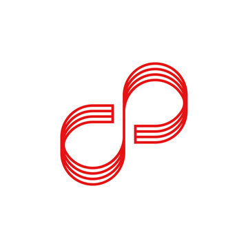  An abstract red logo formed by multiple parallel lines creating an infinity symbol or a stylized 'S' shape, representing continuity and connection