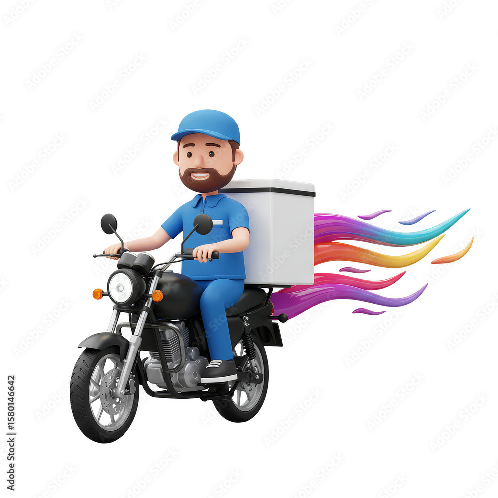 Poster 3d rendering delivery man on motorcycle with transparent background