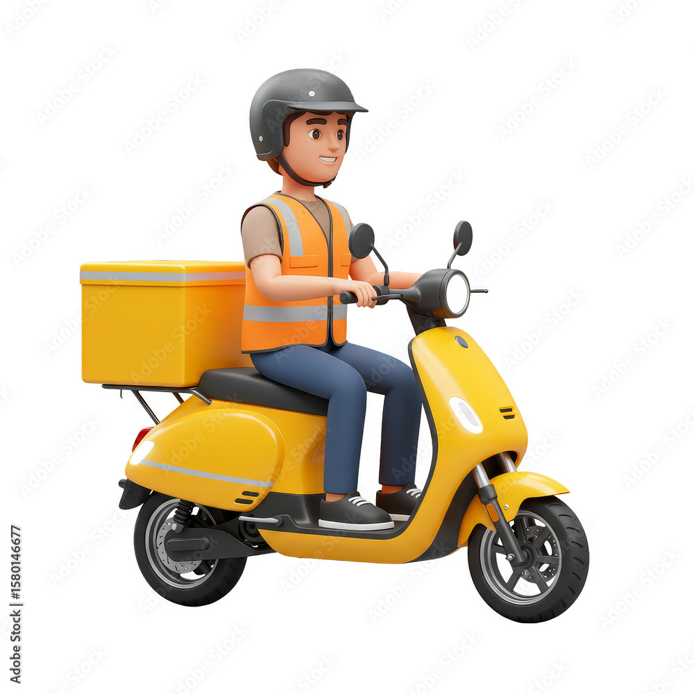 Poster 3d rendering delivery man on yellow scooter with transparent background