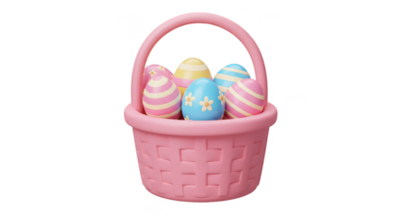 3D Render Pink Easter Basket with Colorful Eggs Transparent Design