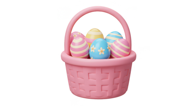 3D Render Pink Easter Basket with Colorful Eggs Transparent Design