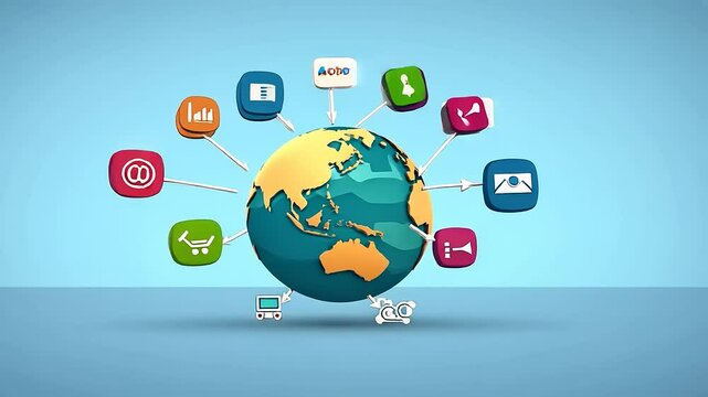 Digital globe surrounded by various social media icons representing global connectivity and interaction