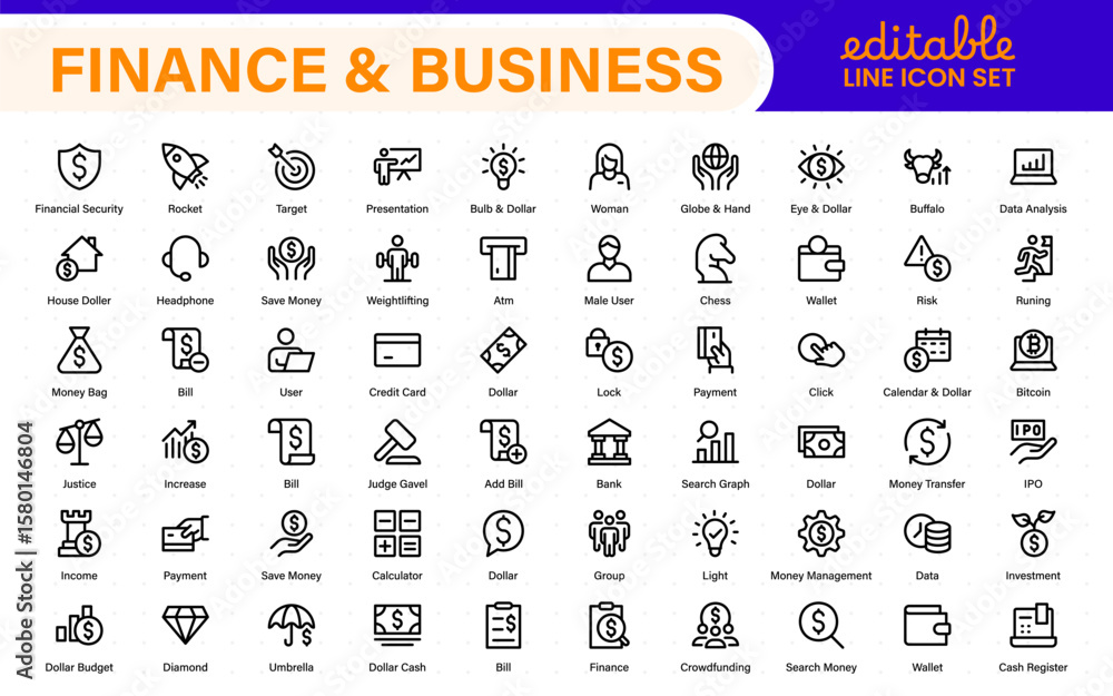 Poster finance and business line icons collection. big ui icon set in a flat design. thin outline icons pac