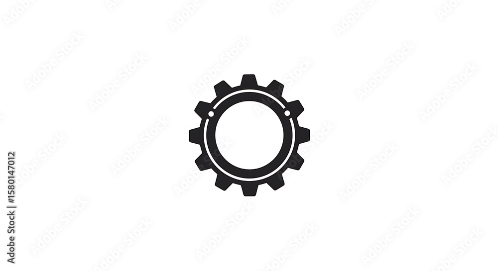 Poster isolated black gear with inner circle and white background for mechanical concepts and engineering -