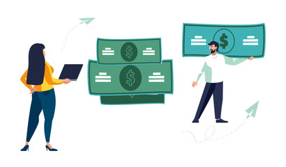 Business finance, people. Worker woman with laptop analyzing the financial dollar market. Businessman investor, money, investment growth. Green, yellow design.Banner, profitability.Vector illustration