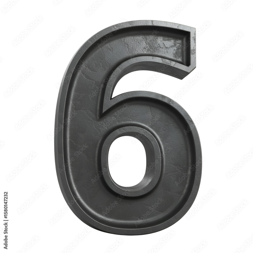 Poster 3d rendering metalic gray number six numerical digit on transparent background