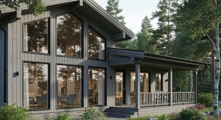 Fototapeta premium Modern Timber Frame House with Large Glass Windows and Wrap Around Porch Surrounded by Forest Landscape
