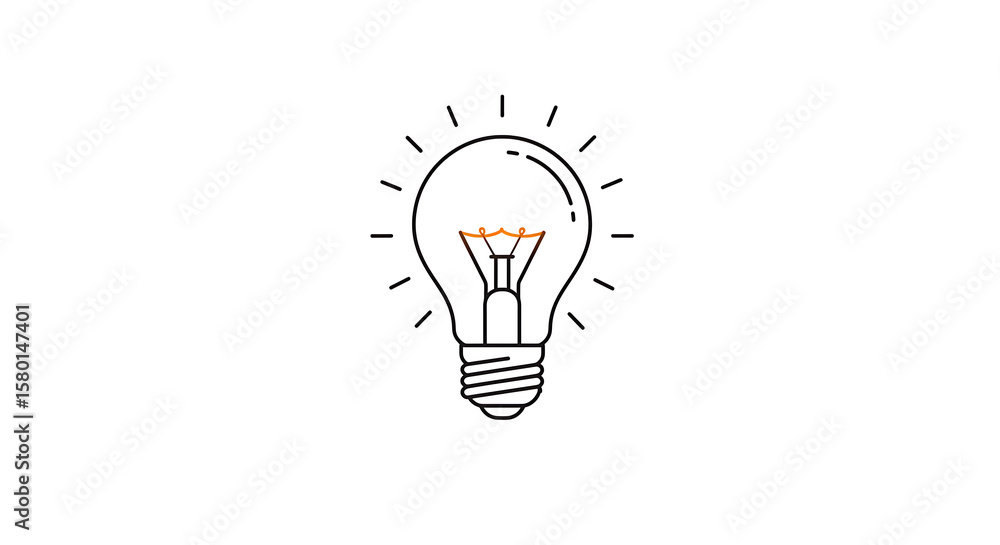 Poster a light bulb with a glowing filament and radiating lines on a white background in a line drawing
