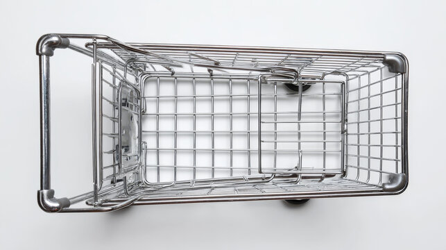 A top-down perspective of a small, empty, metal shopping cart displayed against a white background