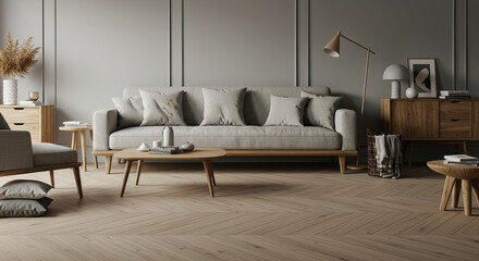 Neutral Living Room with Wood Accents and Elegant Architectural Details