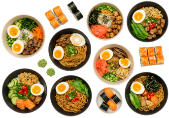 Illustration Delicious Bowls Of Asian Cuisine Sushi Set with Egg Salmon