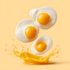 Creative splash of fried eggs with vibrant yolks on yellow background, conceptual breakfast food image for modern cooking, editorial, and design projects
