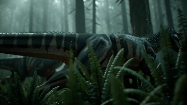 dynamic low-angle shot, a pack of cunning Velociraptors stalking prey through a dense, dark jungle, dappled moonlight creating long, eerie shadows, intense focus in their eyes