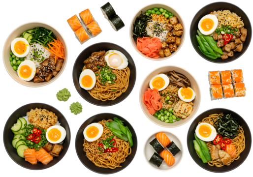 Illustration Delicious Bowls Of Asian Cuisine Sushi Set with Egg Salmon