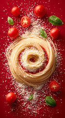 Overhead view of rolled pasta topped with tomato sauce, basil, and cherry tomatoes on vibrant red background, gourmet Italian dish for restaurant menu and cooking visuals