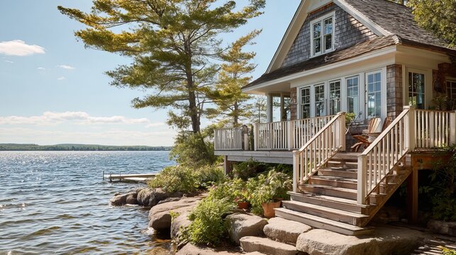 Charming lakeside home with inviting deck and beautiful water view, surrounded by lush greenery and a clear blue sky. - Powered by Adobe