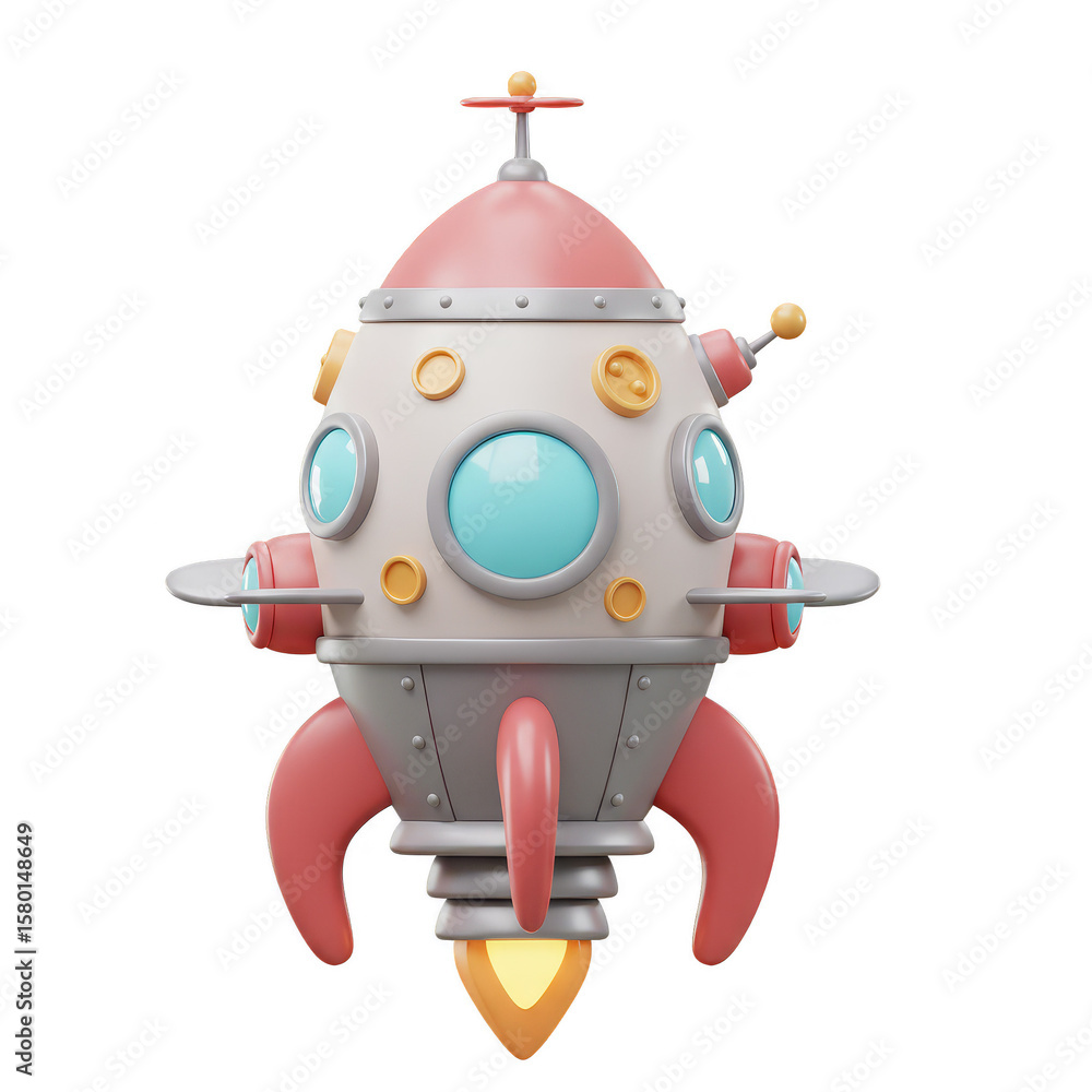 Poster 3d render cartoon rocket spaceship isolated on transparent background
