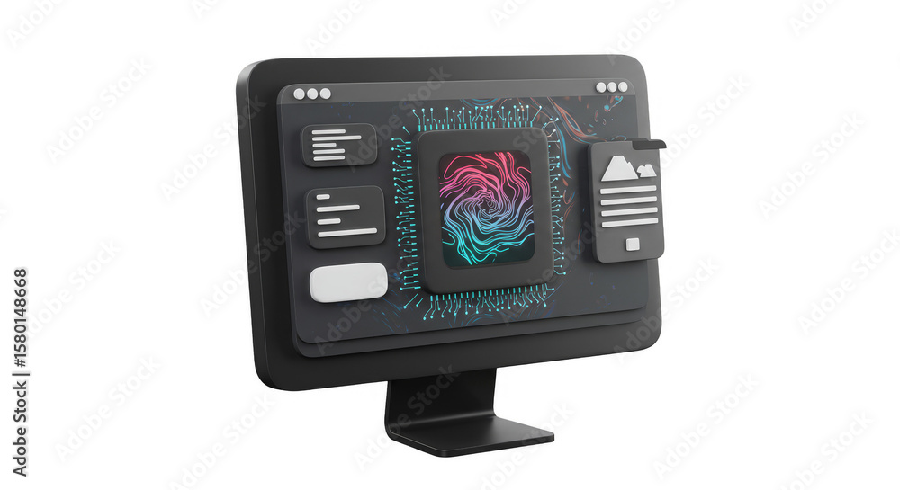 Poster 3d render of black computer monitor with digital interface screen