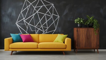 Stylish Yellow Sofa with Colorful Cushions in Modern Living Room Setting