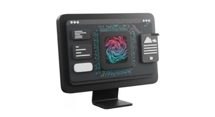 3D Render of Black Computer Monitor with Digital Interface Screen