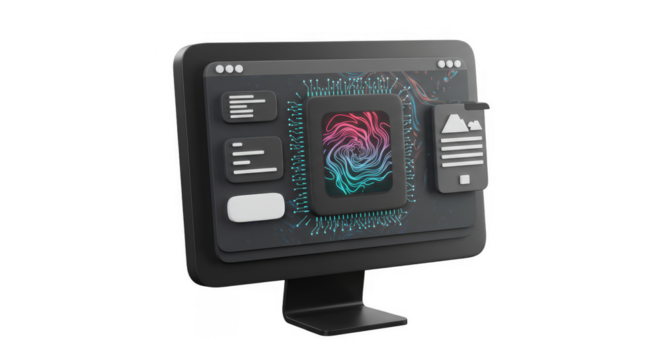 3D Render of Black Computer Monitor with Digital Interface Screen