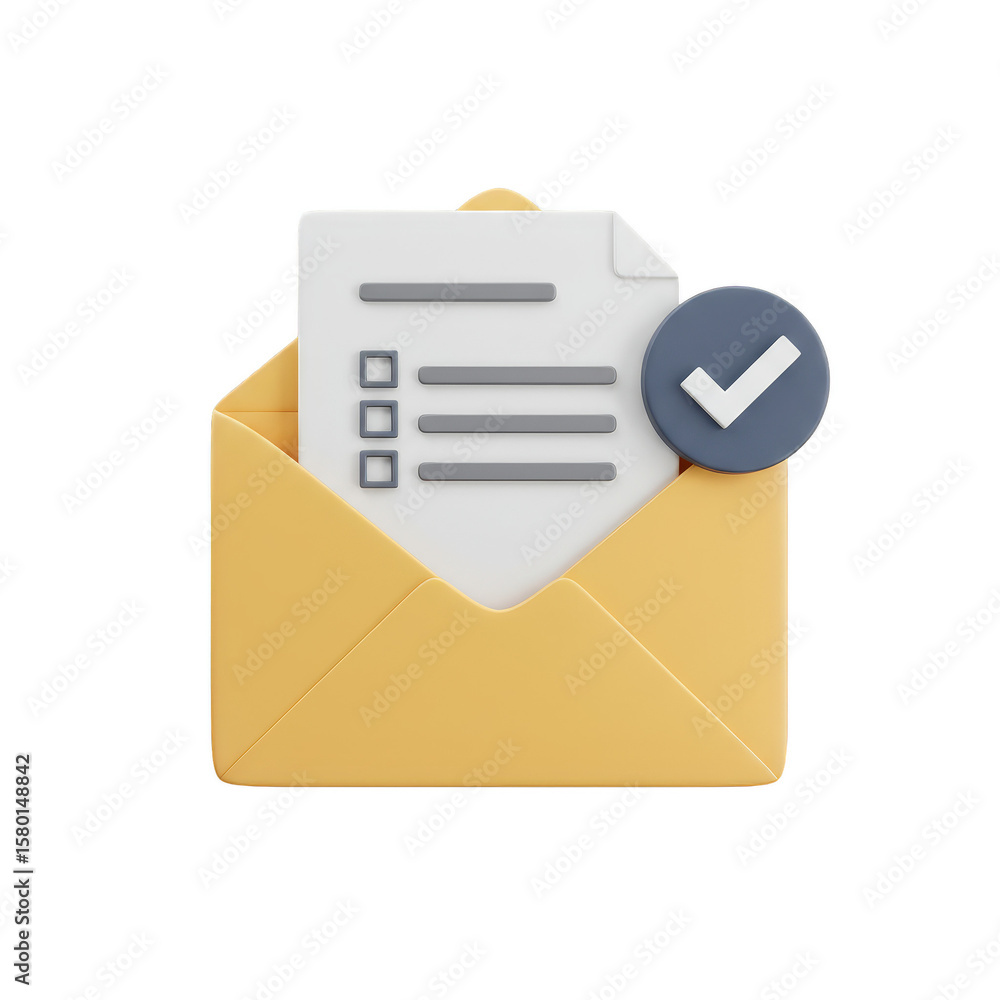Poster 3D Render of Email with Checklist and Check Mark for Communication