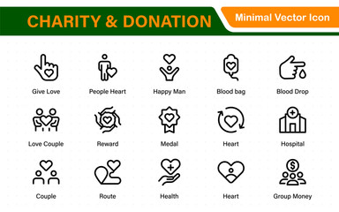 charity and donation icon set. charity and donation icon set, Help, volunteer, donated assistance, sharing, and solidarity symbol. Outline icons  collection.