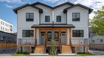 Modern duplex home with white exterior and large windows under a blue sky, showcasing contemporary architecture.
