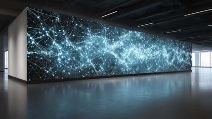 Futuristic Pink Neural Network Light Wall in Dark Room