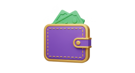 3D Render of Purple Wallet with Green Cash on Transparent Background