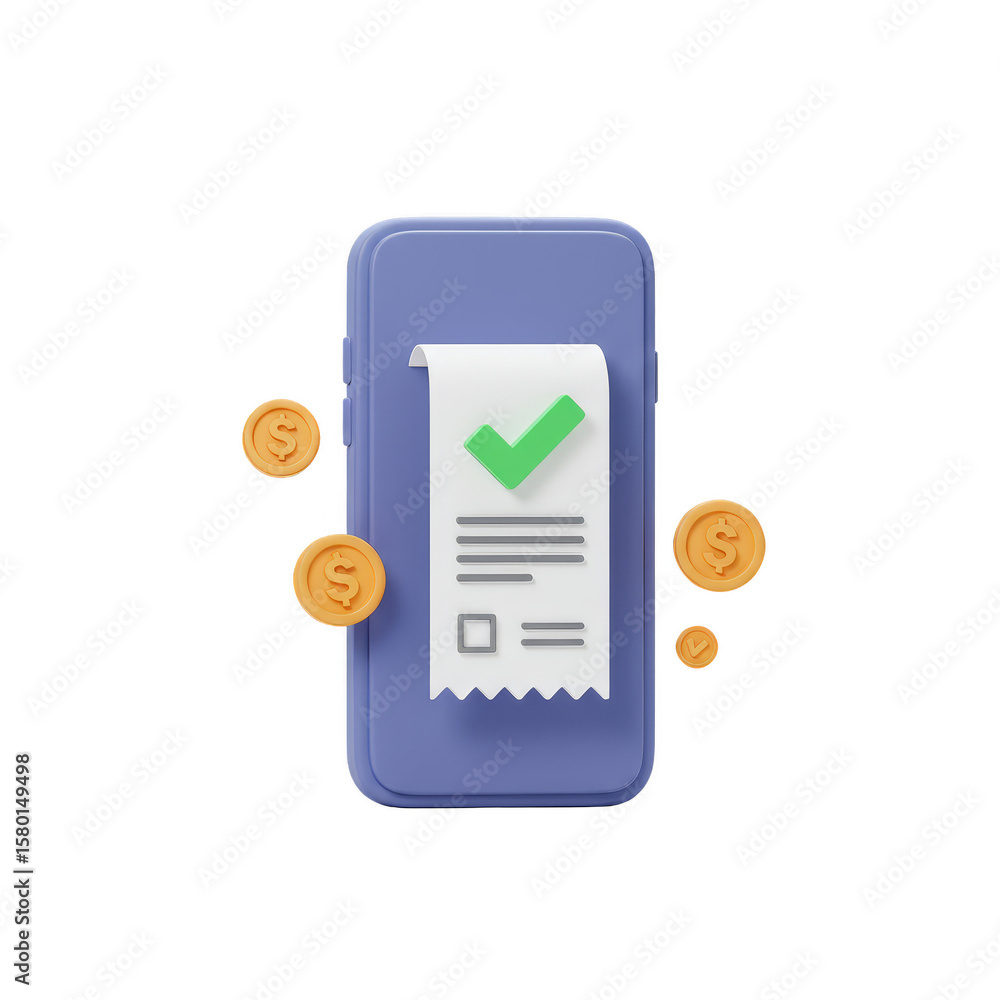 Poster 3d rendering of mobile payment with green check coins isolated