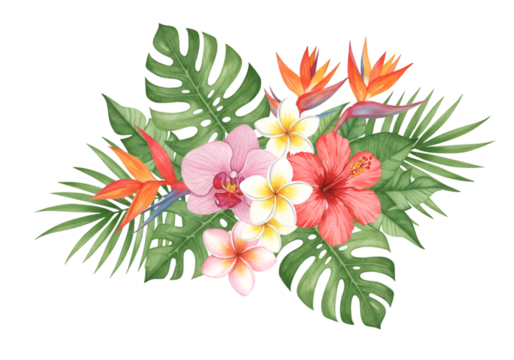 Illustration Exotic Hibiscus Monstera Tropical Foliage Flower Bouquet Watercolor