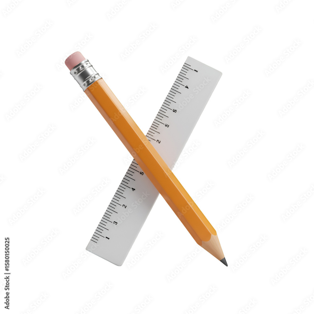 Poster 3d rendering of yellow pencil and white ruler with transparent background