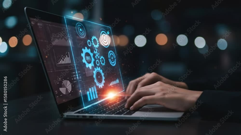 Poster person typing on a laptop with digital interface overlay showing charts and gear icons on the screen
