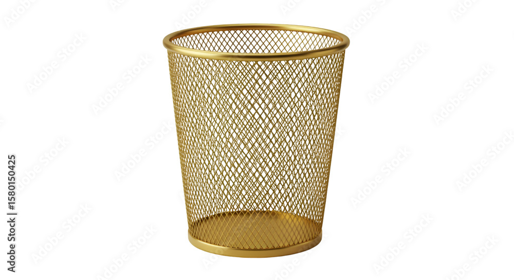 Poster 3d render gold garbage can metal mesh bin isolated transparent background