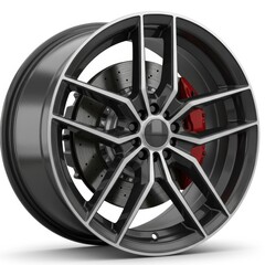 Obraz premium Sleek Black Alloy Wheel with Red Brake Caliper and Modern Design