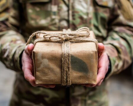 Military Package. Soldier Holding Parcel. Army Man with Christmas Gift and Present