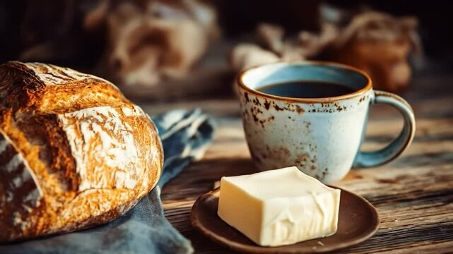 Artisan Bread, Coffee, and Butter Still Life: A rustic still life featuring a loaf of artisanal bread, a cup of steaming coffee, and a pat of butter on a wooden table.