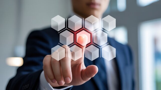 Data Security Visualization Man Interacting with Digital Network Interface Overlaying Threat