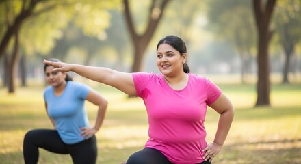 Two women exercising outdoors in a park one in a pink shirt and the other in a blue shirt both performing a lunge with arms extended