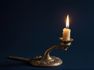  A solitary candle flickers in baroque elegance against a midnight blue backdrop