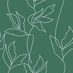 Hand drawn green leaves seamless pattern vector. Contour illustration. Abstract outline botanical backdrop. Line continuous wallpaper, cartoon ivy background, fabric, textile, minimal print.